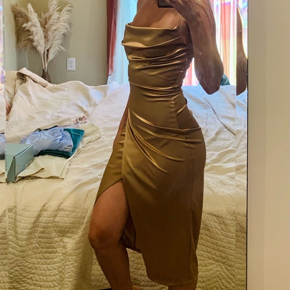 Windsor Bronze Cowl Neck satin dress